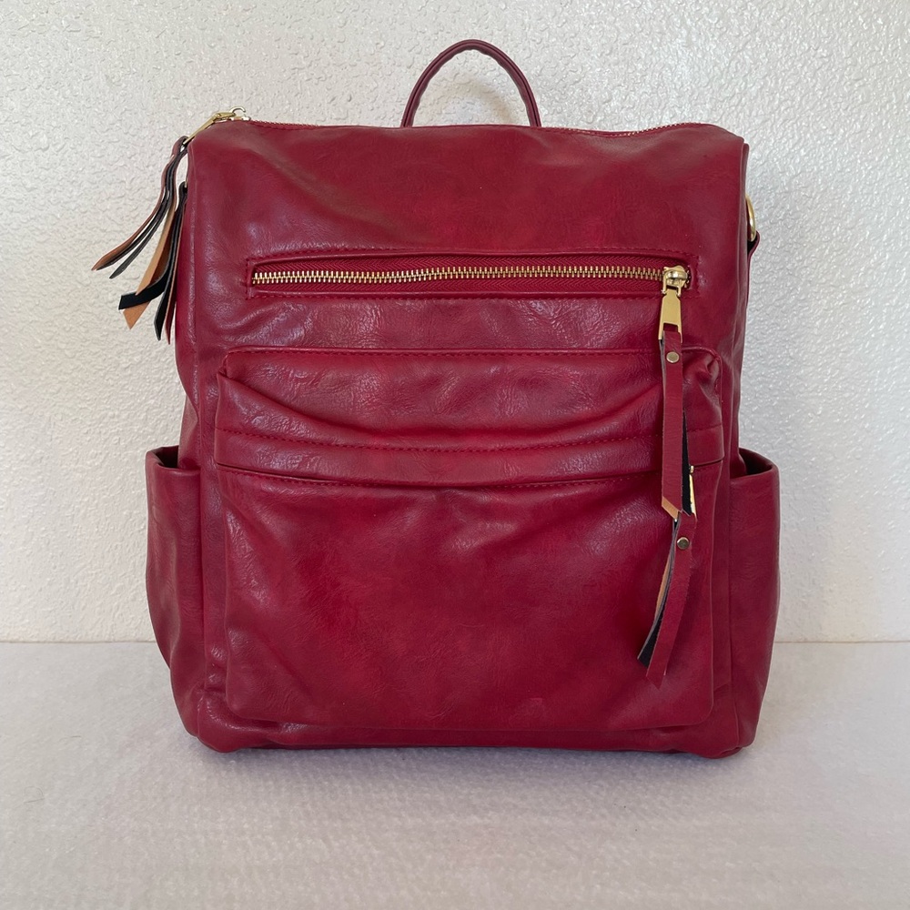 Red Faux Leather Backpack | Gold Hardware | Zip Pockets | Everyday Chic